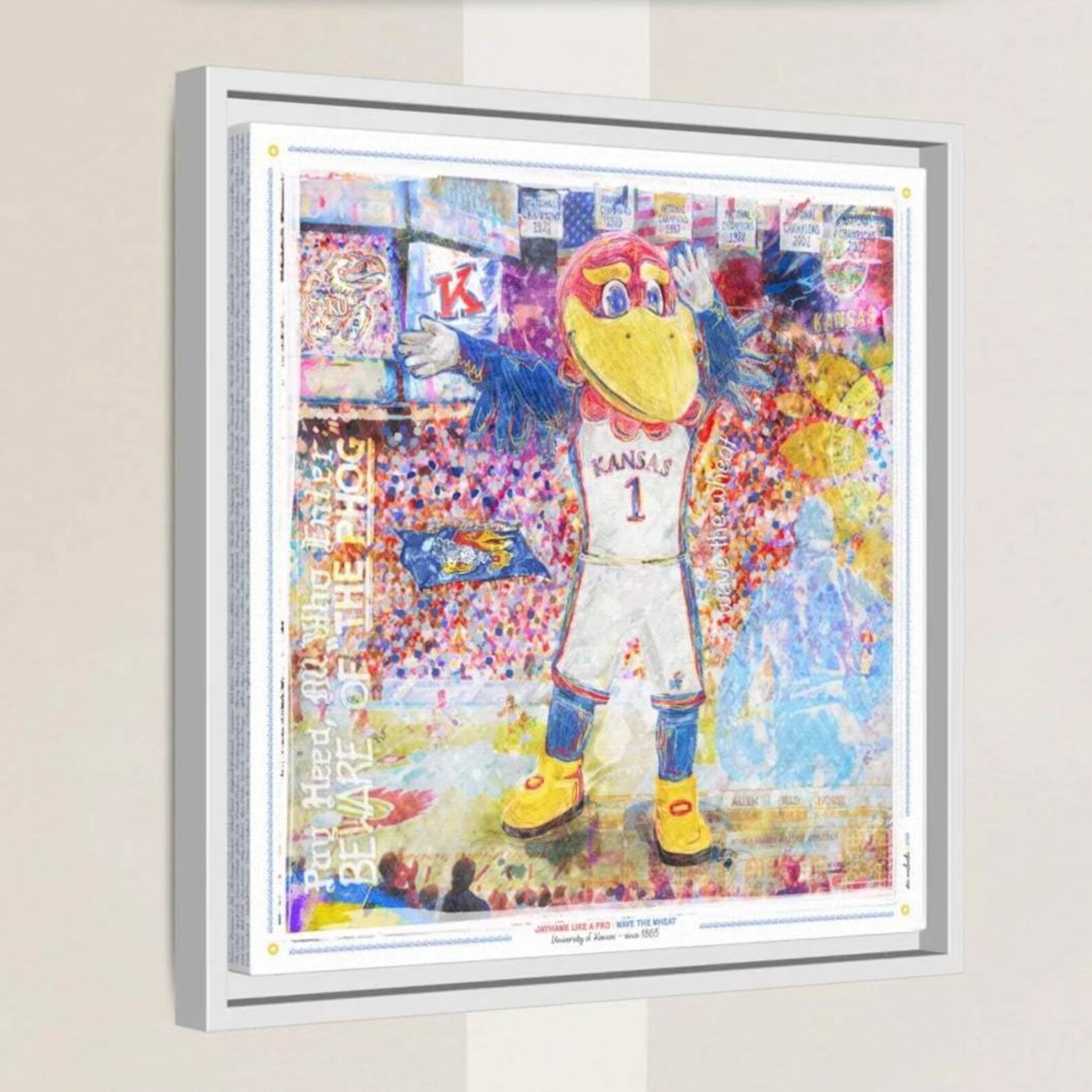 The image is a colorful and vibrant collage featuring a large bird mascot character, likely representing a sports team or organization.