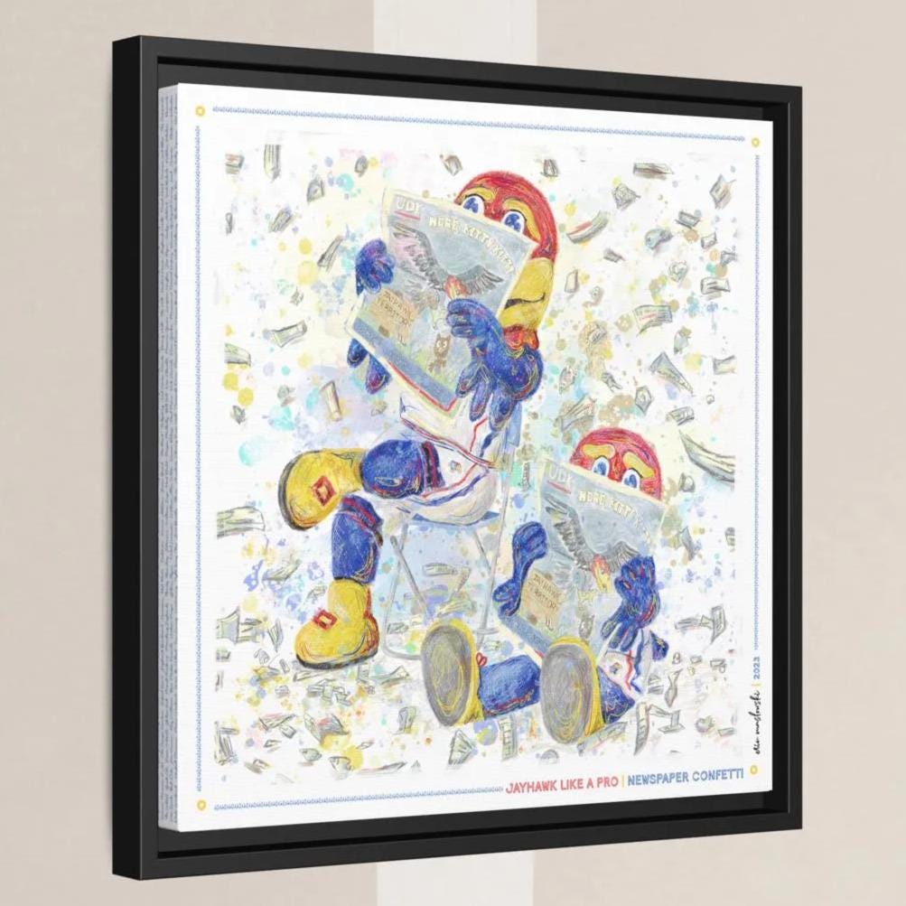 The image is a framed artwork depicting two cartoon-like characters, one wearing a blue and yellow outfit and the other wearing a red and yellow outfit, both holding newspapers. The background is filled with various objects, including money and other newspaper-related items.