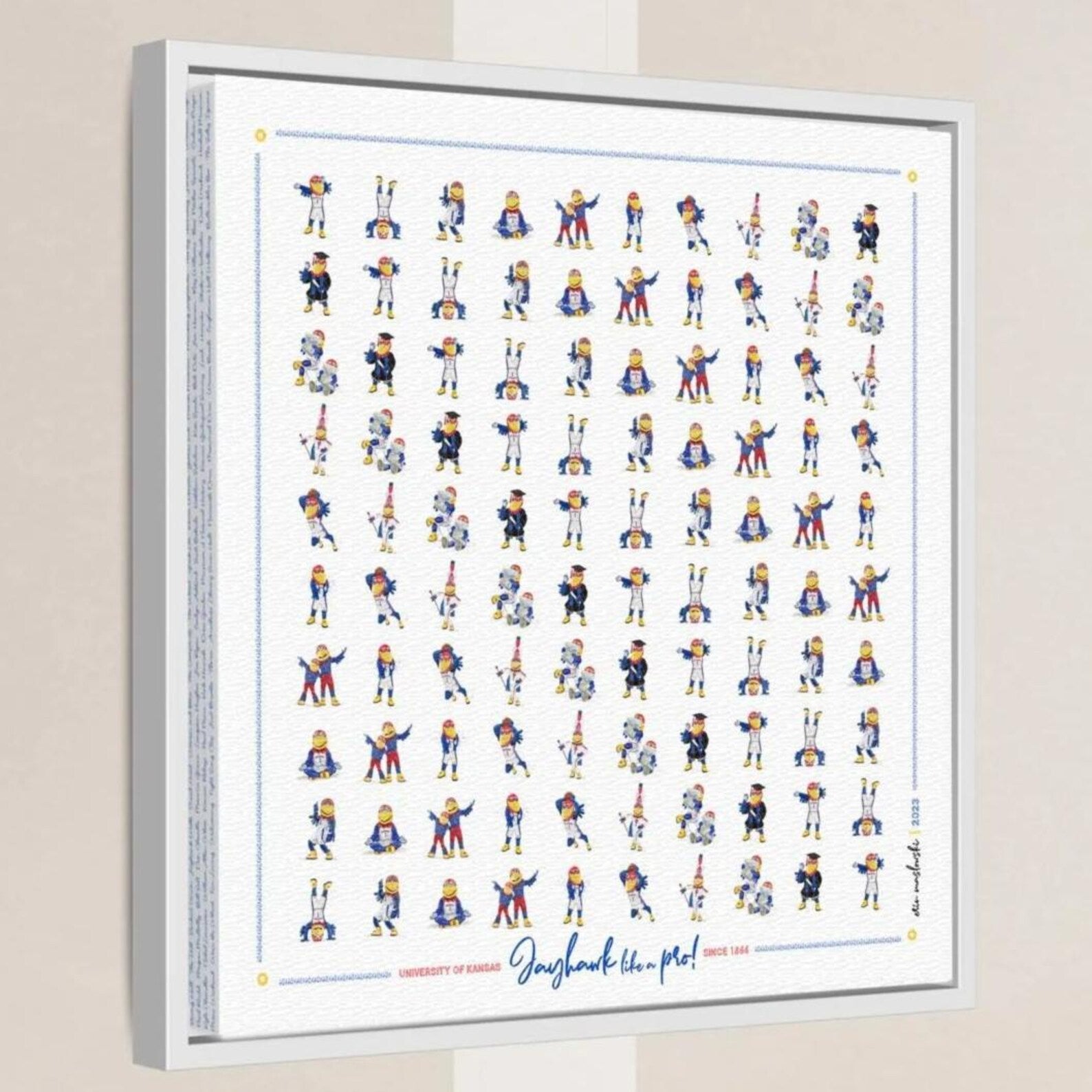 The image is a framed collage of various cartoon-style illustrations of people in different poses and outfits, arranged in a grid-like pattern.