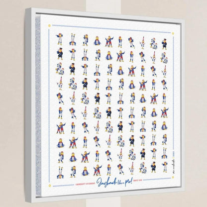 The image is a framed collage of various cartoon-style illustrations of people in different poses and outfits, arranged in a grid-like pattern.