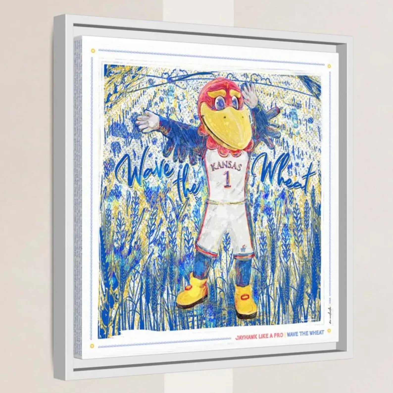a colorful illustration of a mascot character, likely representing a sports team or organization, with a background of wheat fields.