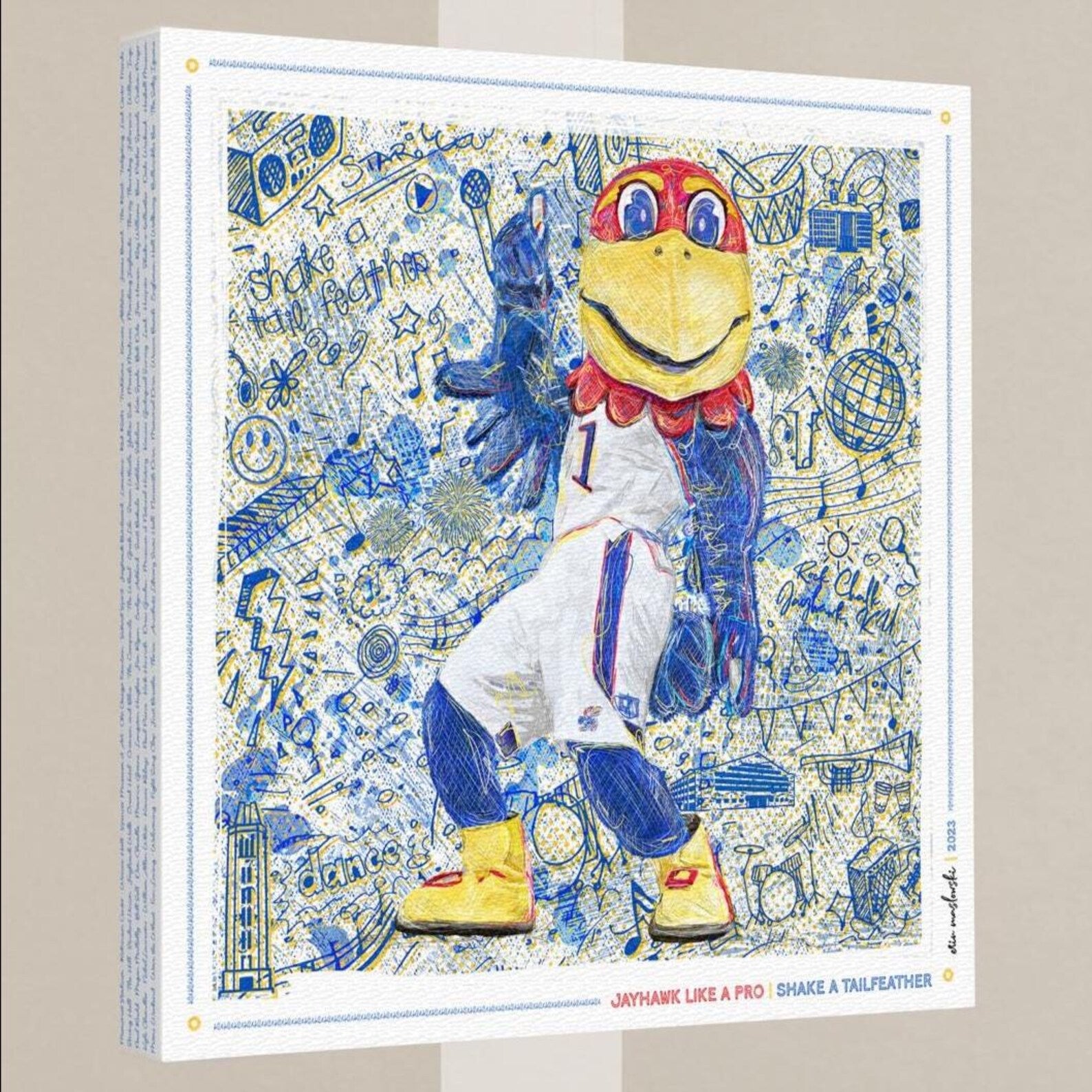 A colorful and whimsical illustration of a mascot character, likely representing a sports team or organization, surrounded by various abstract and playful elements.