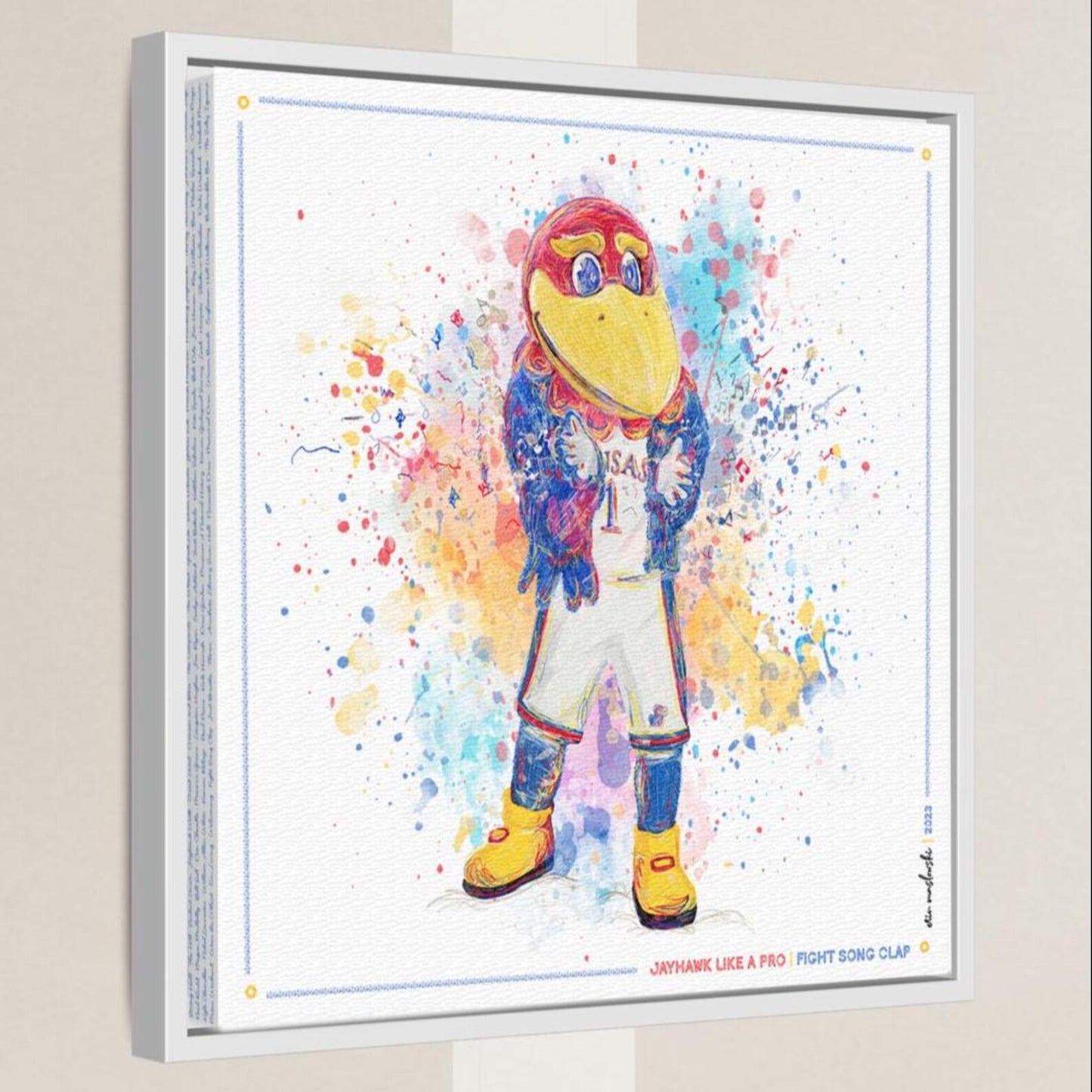 A colorful, abstract painting depicting a bird character with a large beak and vibrant feathers, surrounded by splashes of color.