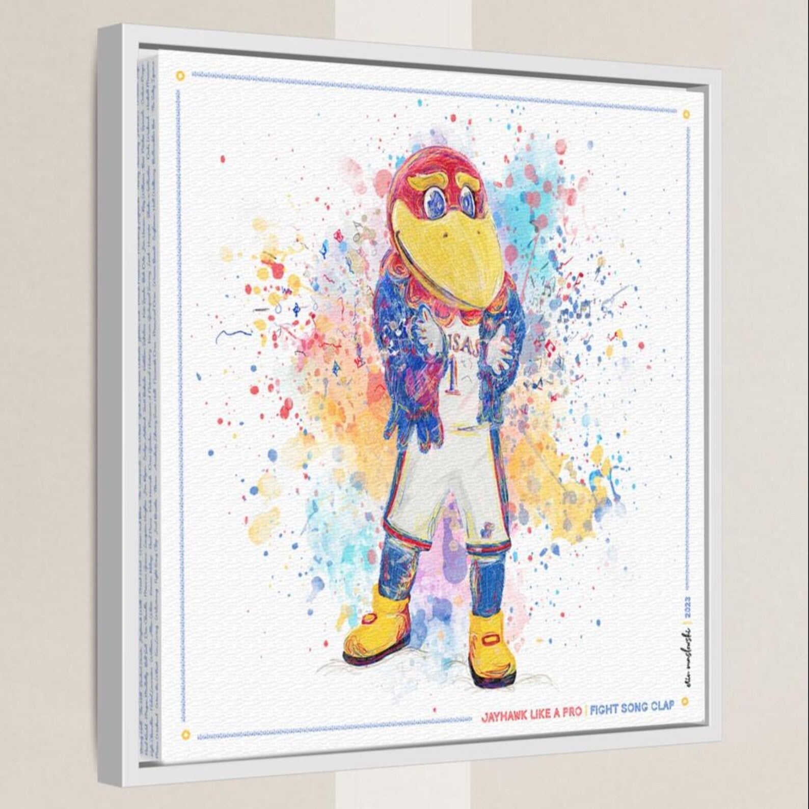 A colorful, abstract painting depicting a bird character with a large beak and vibrant feathers, surrounded by splashes of color.