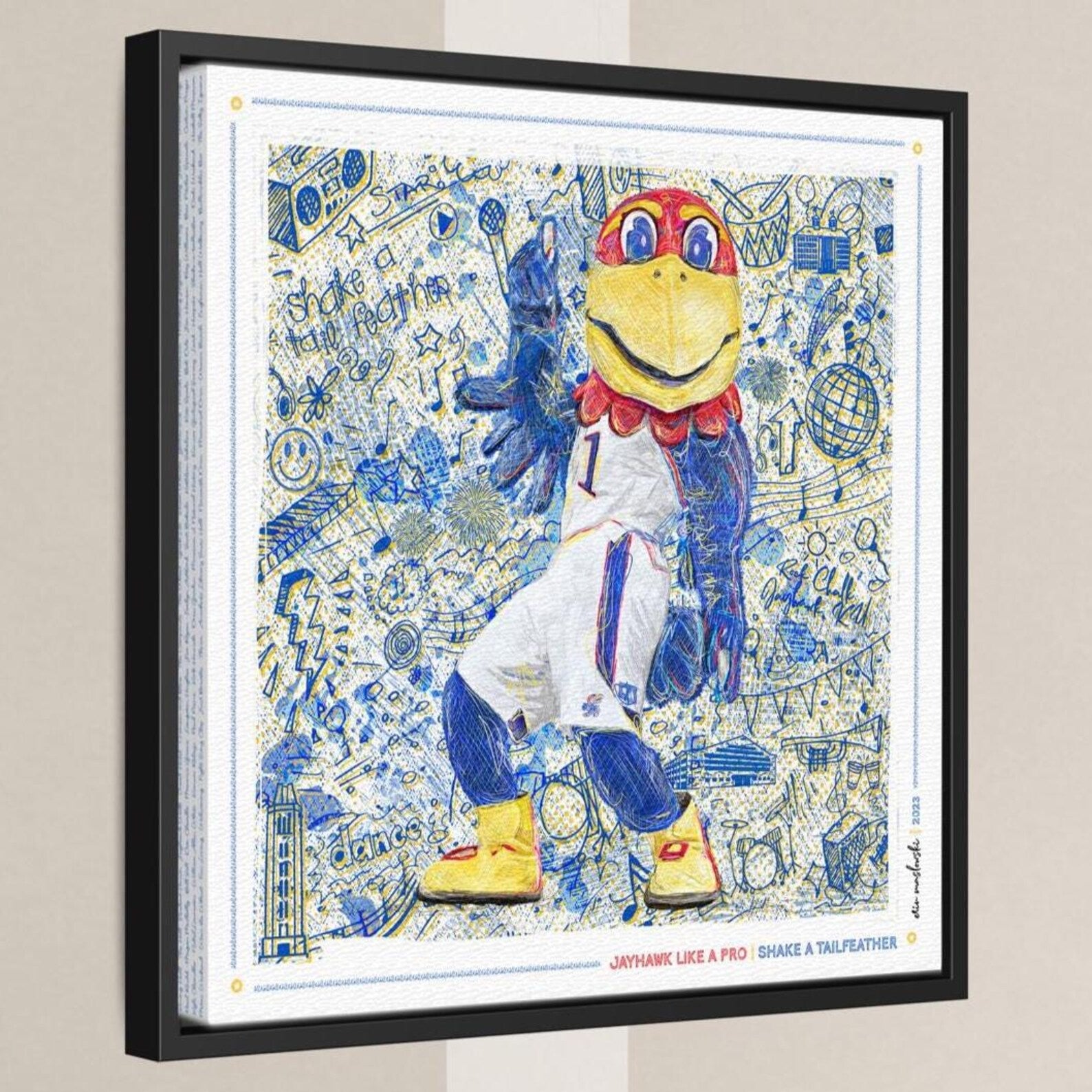 A framed artwork depicting a colorful bird mascot with a basketball jersey, surrounded by various abstract and geometric patterns in blue, yellow, and red.