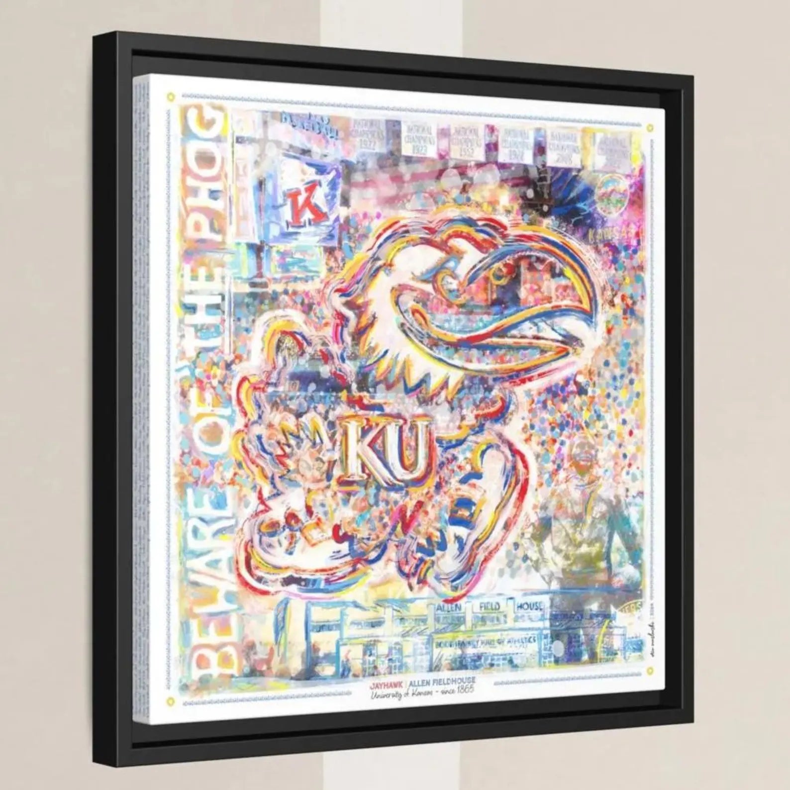 The image is a framed poster featuring a colorful, abstract design with various shapes, patterns, and text.