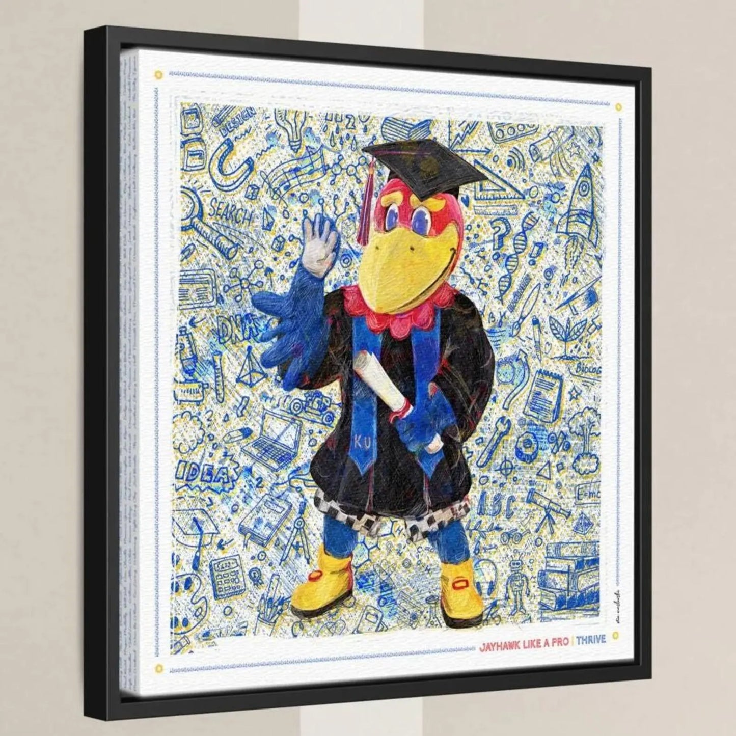 A framed illustration of a colorful bird character wearing a graduation cap and gown, with various educational and scientific-themed illustrations in the background.