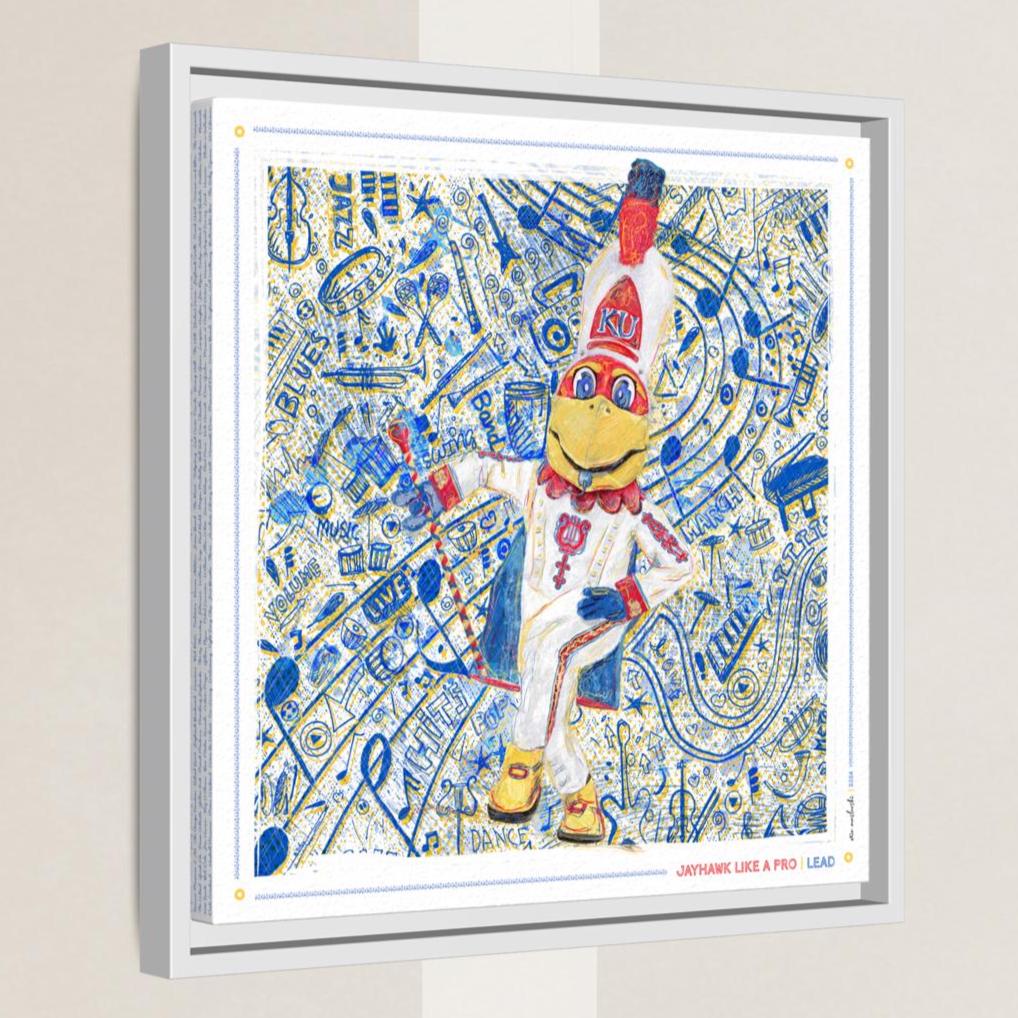 The image is a framed artwork depicting a cartoon character wearing a white and red outfit, surrounded by a colorful, abstract background with various shapes and symbols.