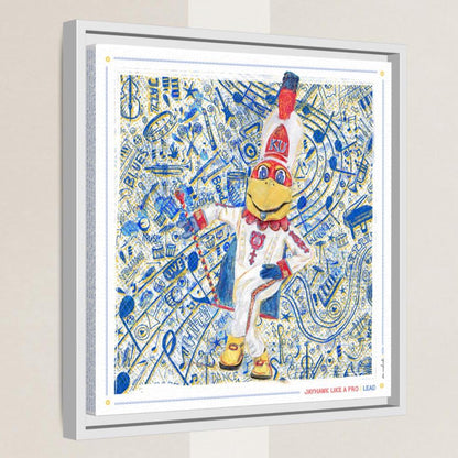 The image is a framed artwork depicting a cartoon character wearing a white and red outfit, surrounded by a colorful, abstract background with various shapes and symbols.