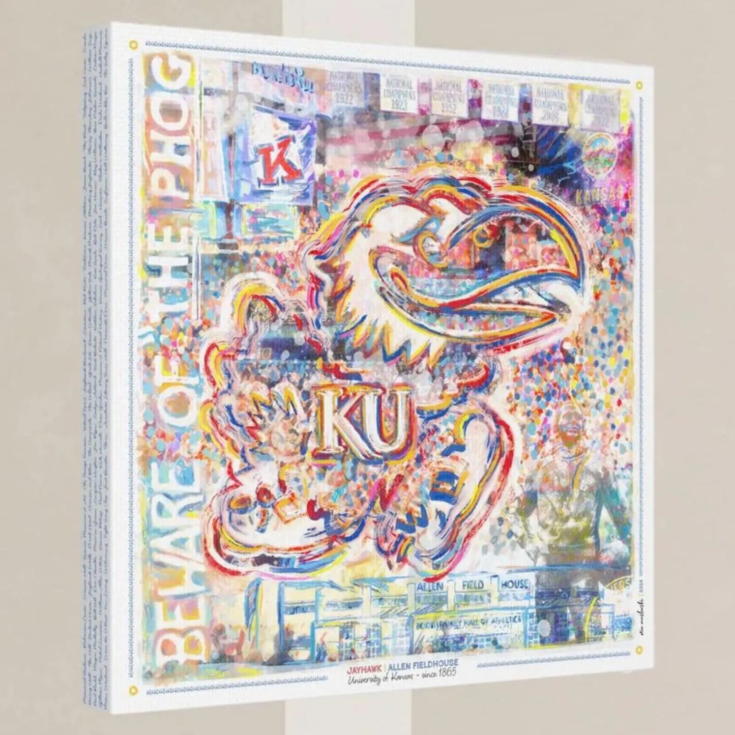 The image is a vibrant, colorful collage featuring various elements, including a large bird-like creature, text, and other abstract shapes and patterns.