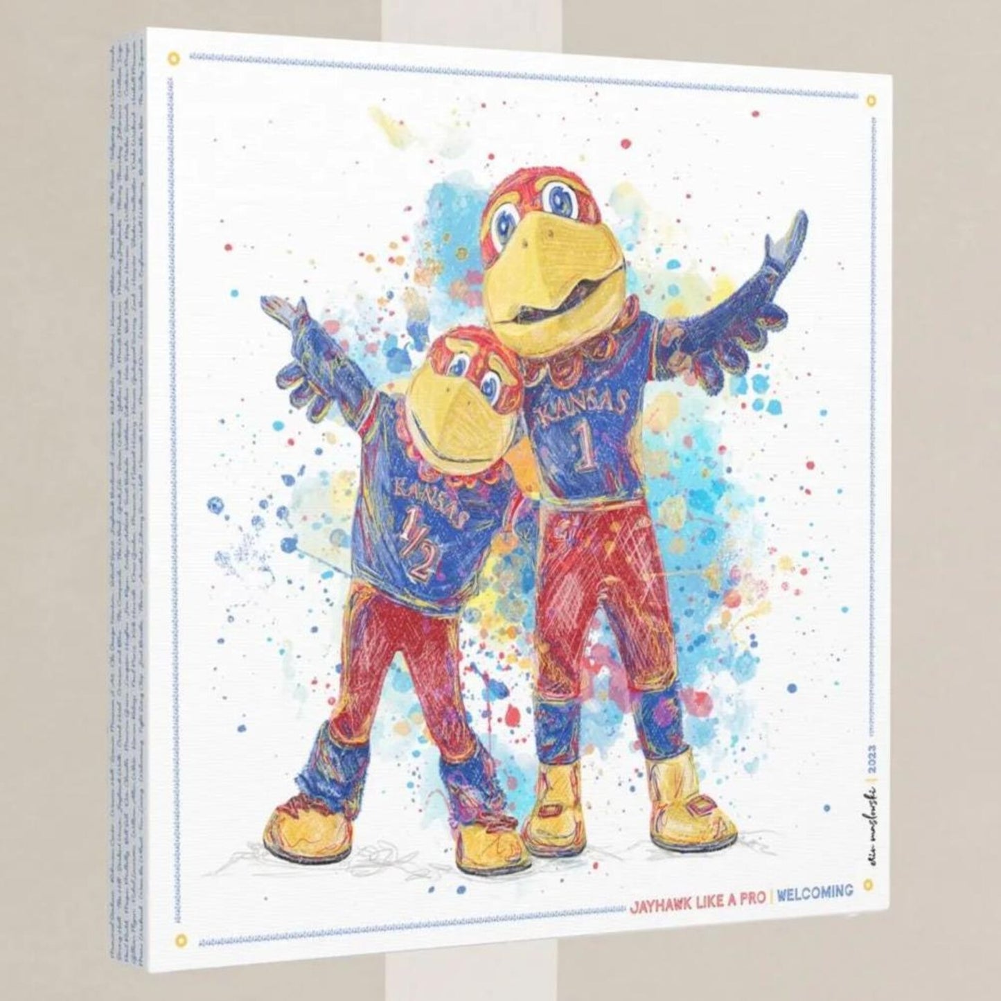 two colorful bird mascots, likely representing the Kansas City Royals baseball team, standing together and appearing to interact with each other.