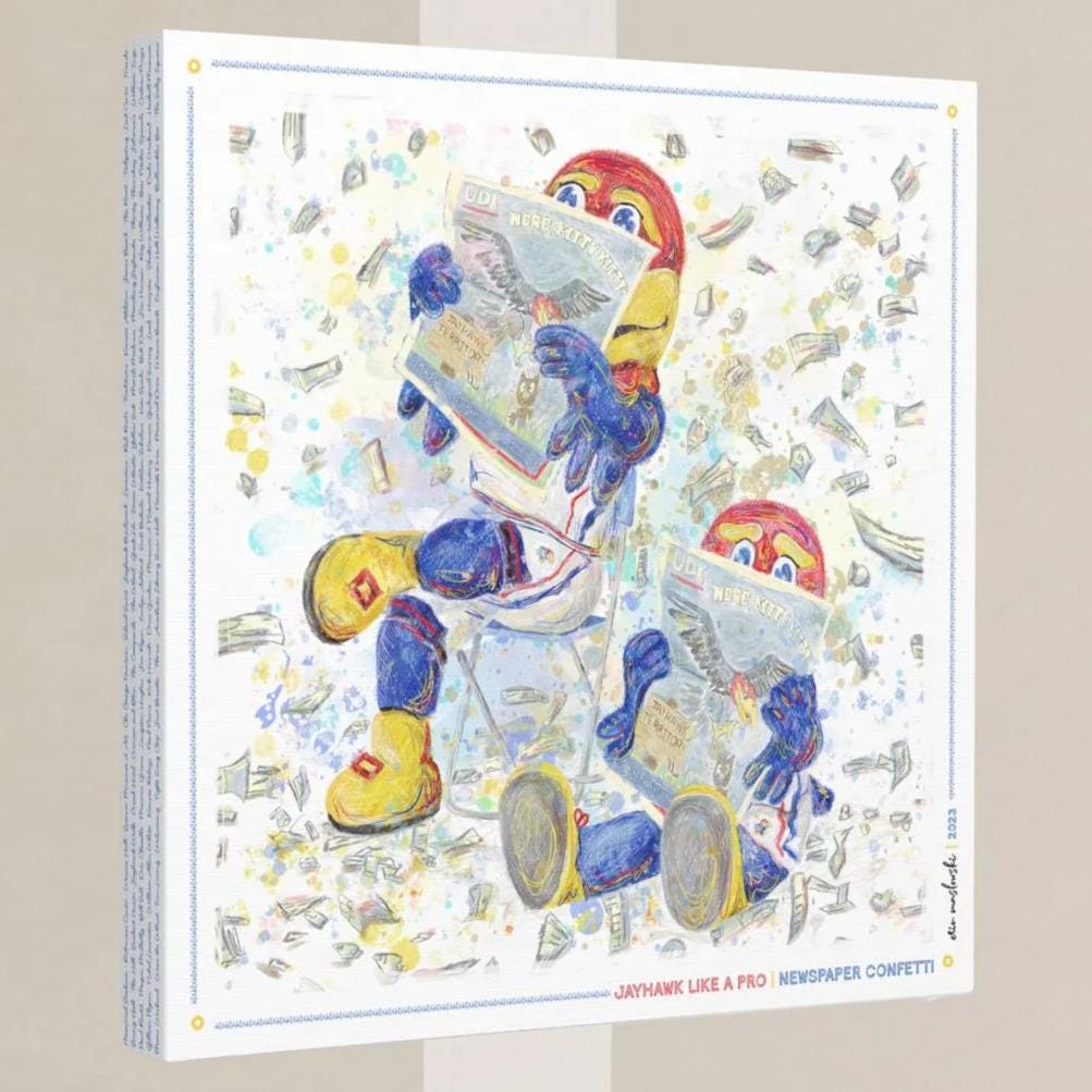 The image is a colorful painting depicting two cartoon characters, one standing and one sitting, surrounded by various objects and text.