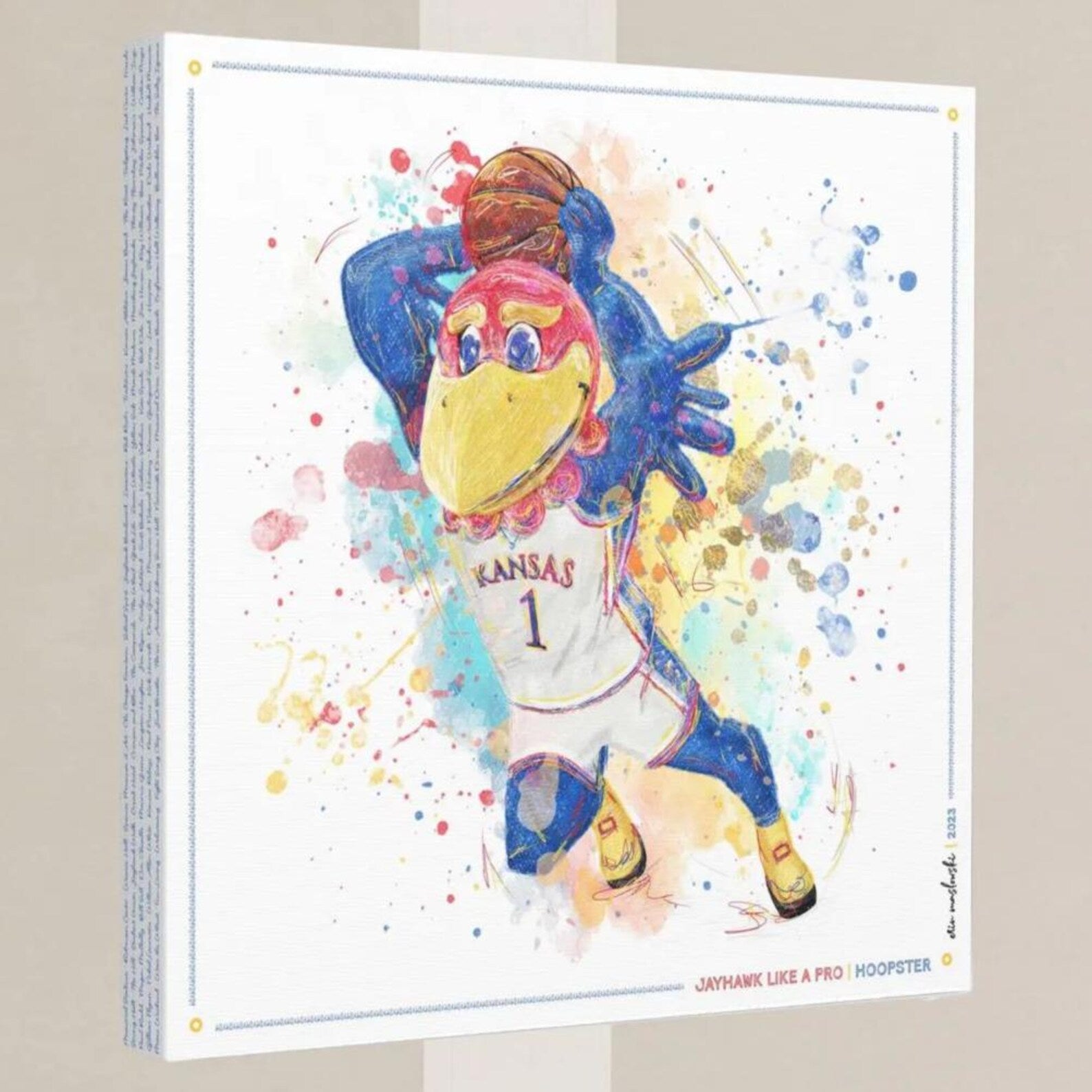 A colorful and dynamic illustration of a basketball player wearing a Kansas jersey, with a bird-like appearance and dynamic pose.