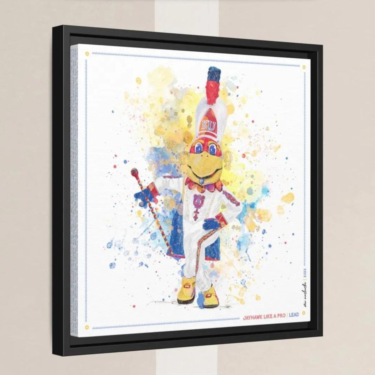 The image is a framed painting depicting a colorful, cartoonish character with a large hat and a red and blue striped band around its neck.