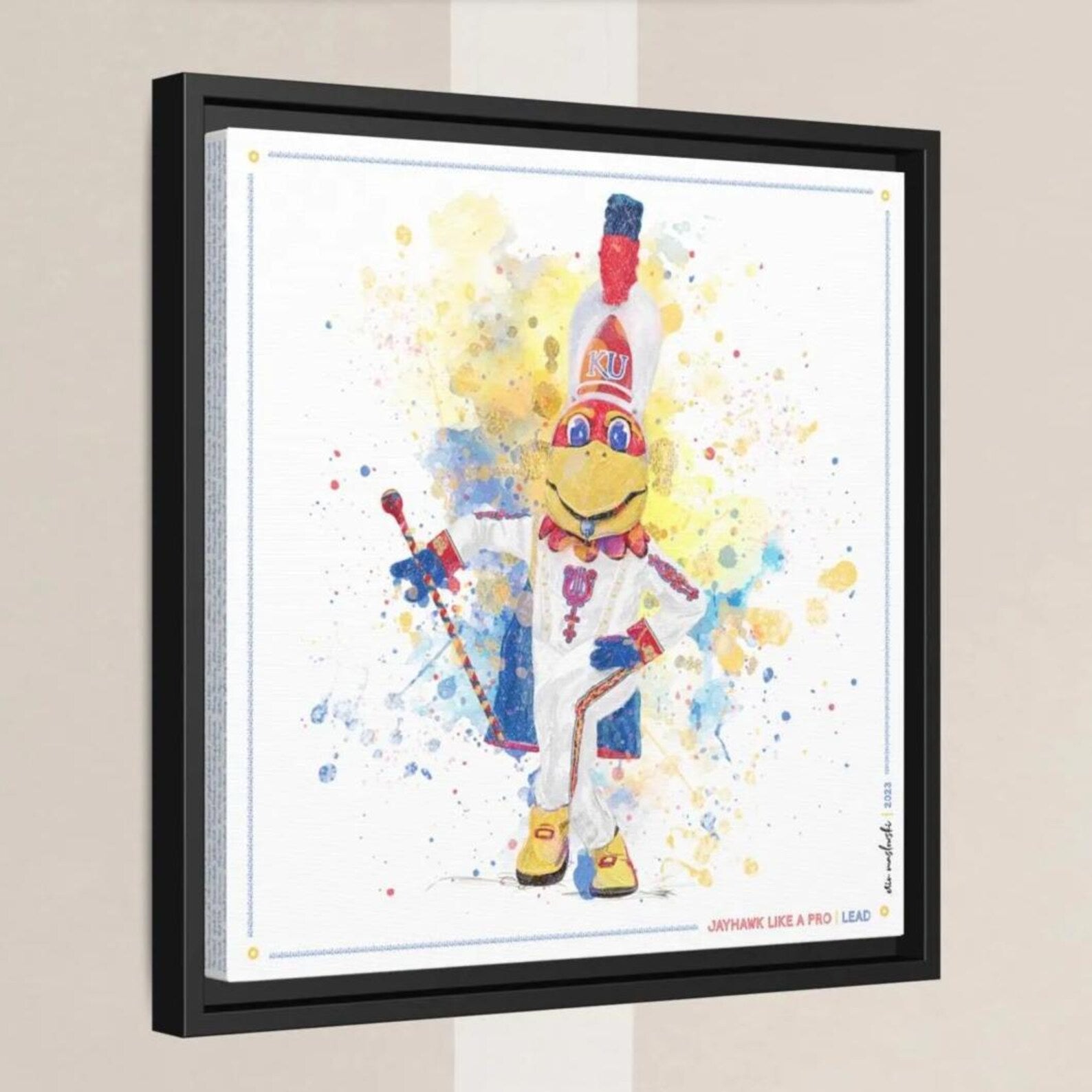 The image is a framed painting depicting a colorful, cartoonish character with a large hat and a red and blue striped band around its neck.