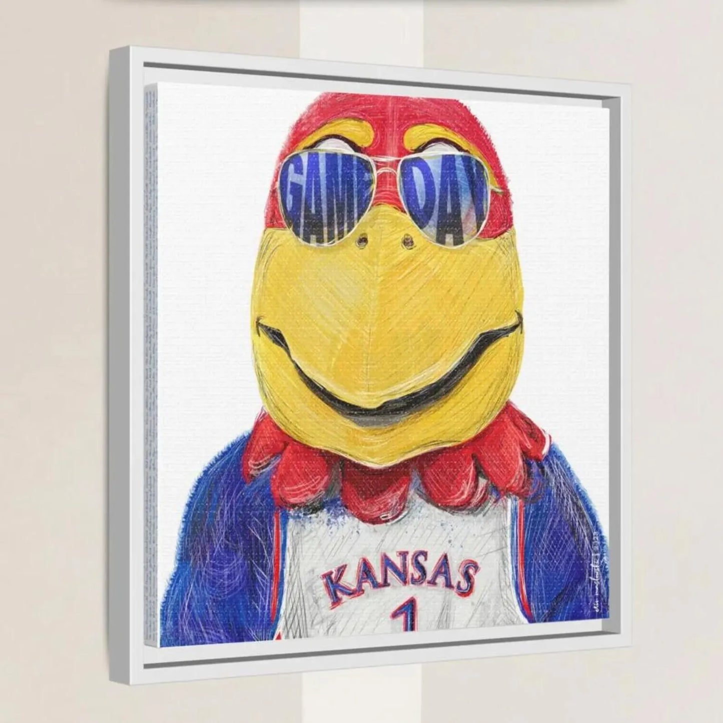 A colorful illustration of a bird mascot wearing sunglasses and a Kansas City jersey, with the text "GAME DAY" prominently displayed.