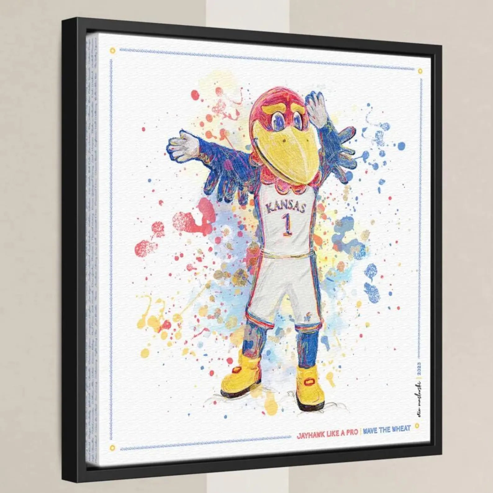 A colorful illustration of a mascot character, likely representing a sports team, with a bird-like appearance and a dynamic pose.