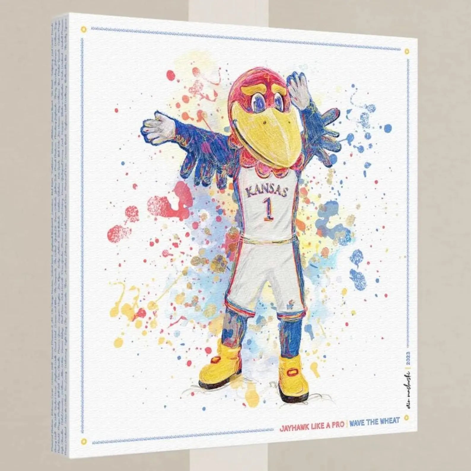 A colorful illustration of a mascot character, likely representing a sports team, with a bird-like appearance and a dynamic pose.