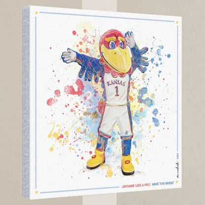 A colorful illustration of a mascot character, likely representing a sports team, with a bird-like appearance and a dynamic pose.