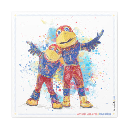 KU Jayhawk Welcoming Art: University of Kansas Big Jay and Baby Jay Splatter Canvas Print