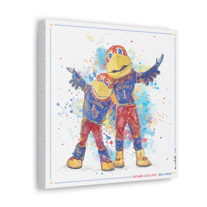 KU Jayhawk Welcoming Art: University of Kansas Big Jay and Baby Jay Splatter Canvas Print