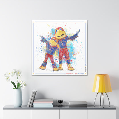 KU Jayhawk Welcoming Art: University of Kansas Big Jay and Baby Jay Splatter Canvas Print