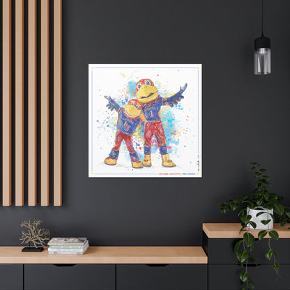 KU Jayhawk Welcoming Art: University of Kansas Big Jay and Baby Jay Splatter Canvas Print
