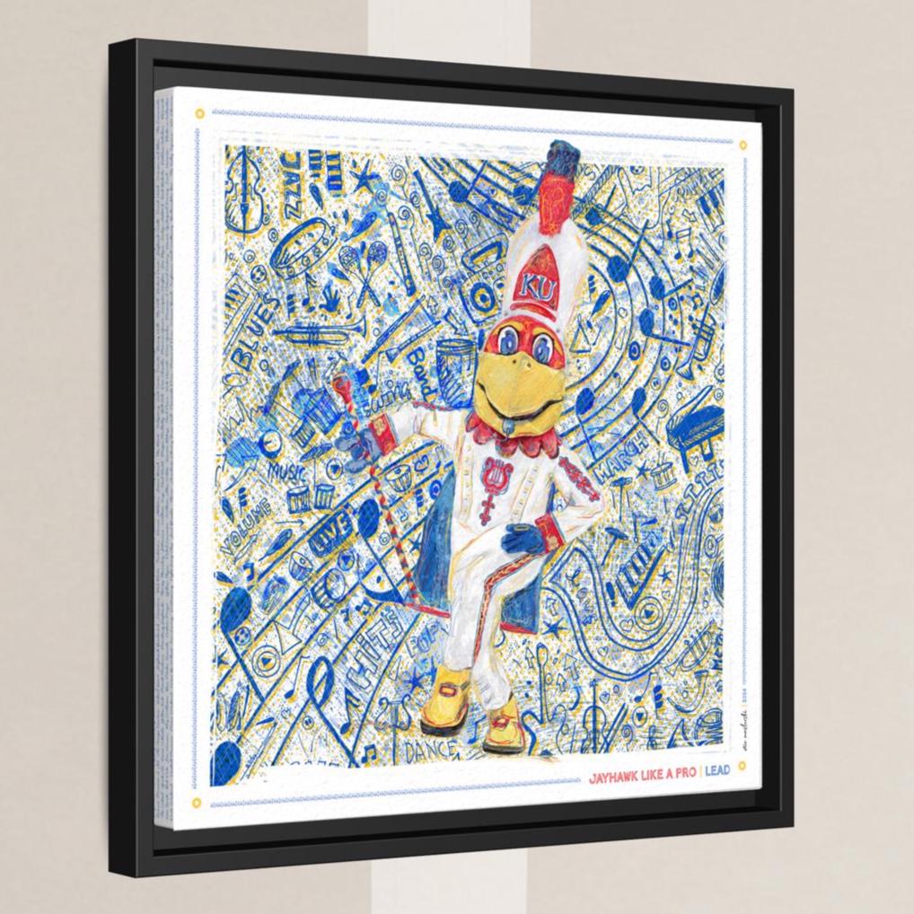 The image is a framed artwork depicting a cartoon character with a large head and a red hat, surrounded by various musical notes and symbols in blue and yellow colors.