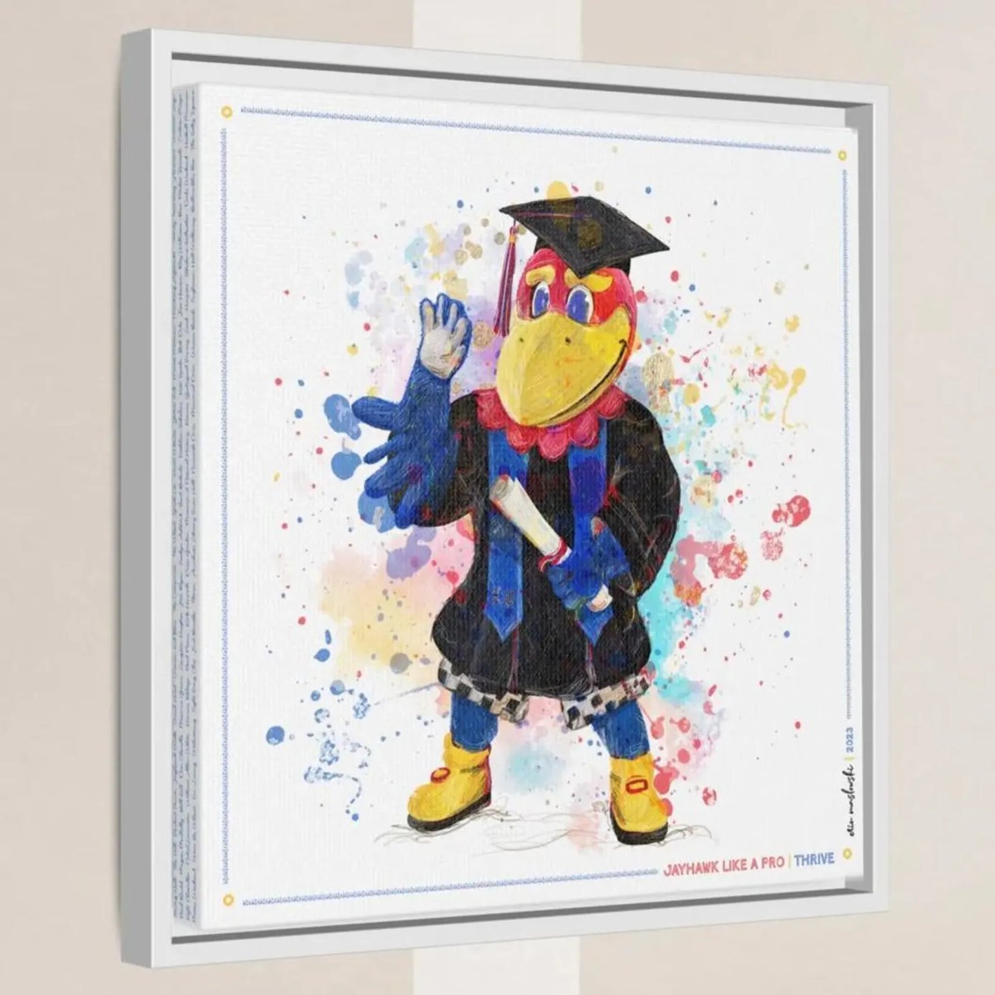 A colorful illustration of a bird character wearing a graduation cap and gown, with a diploma in its hand, surrounded by splashes of color.