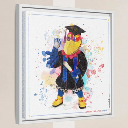 A colorful illustration of a bird character wearing a graduation cap and gown, with a diploma in its hand, surrounded by splashes of color.