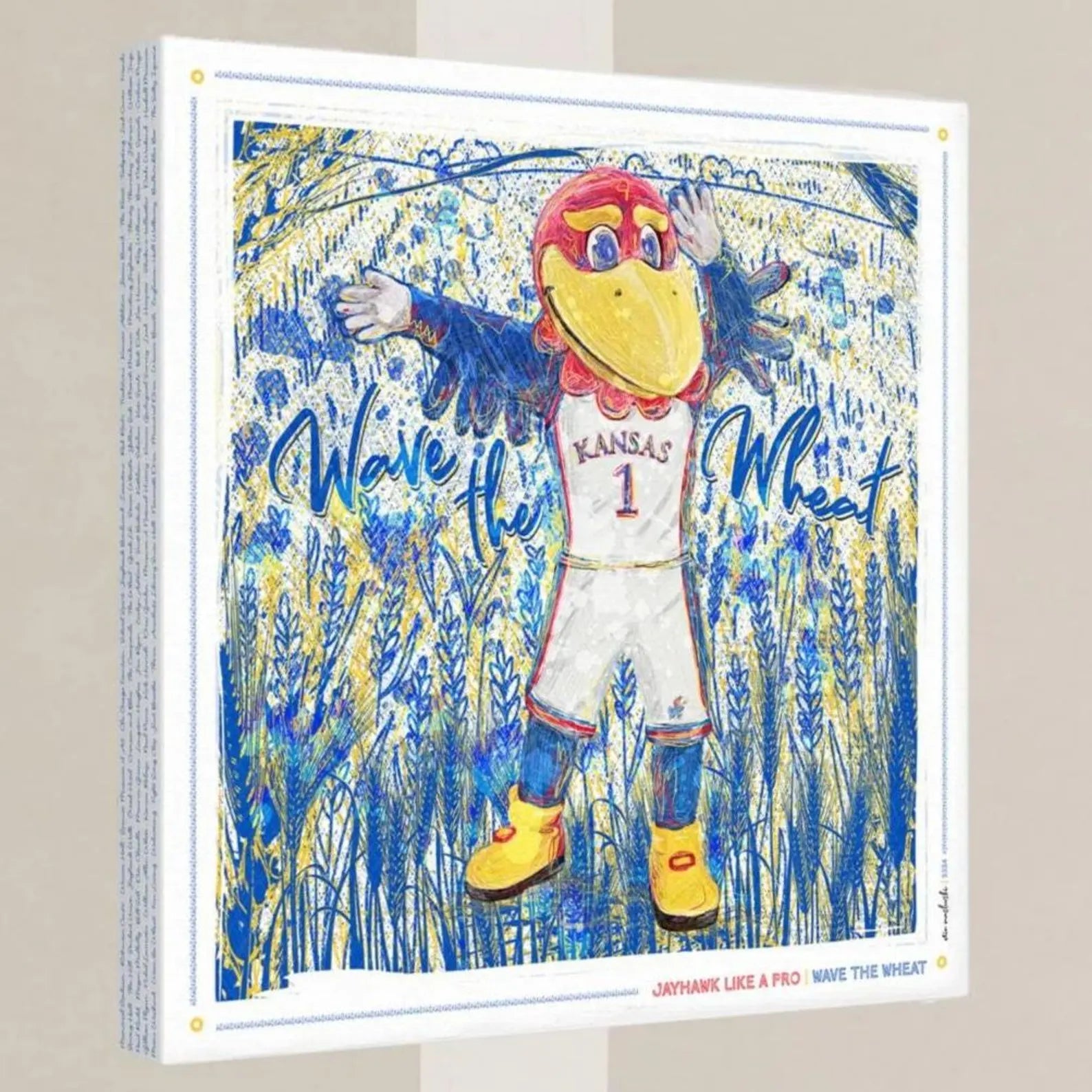 a colorful illustration of a mascot character, likely representing a sports team or organization, with the text "Wave the Wheat" prominently displayed.