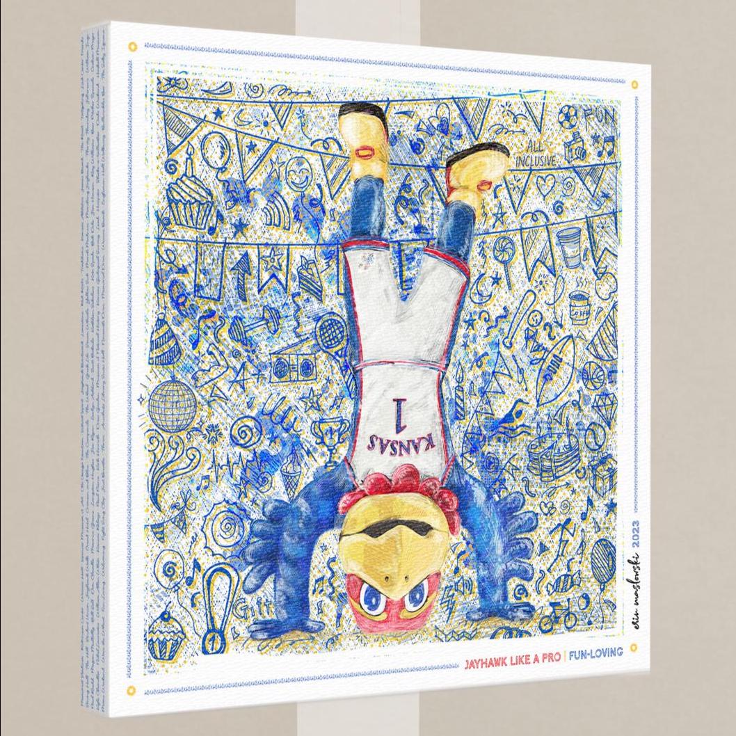 The image is a colorful and whimsical illustration featuring a cartoon character, likely a mascot or mascot-like figure, with a playful and energetic pose.