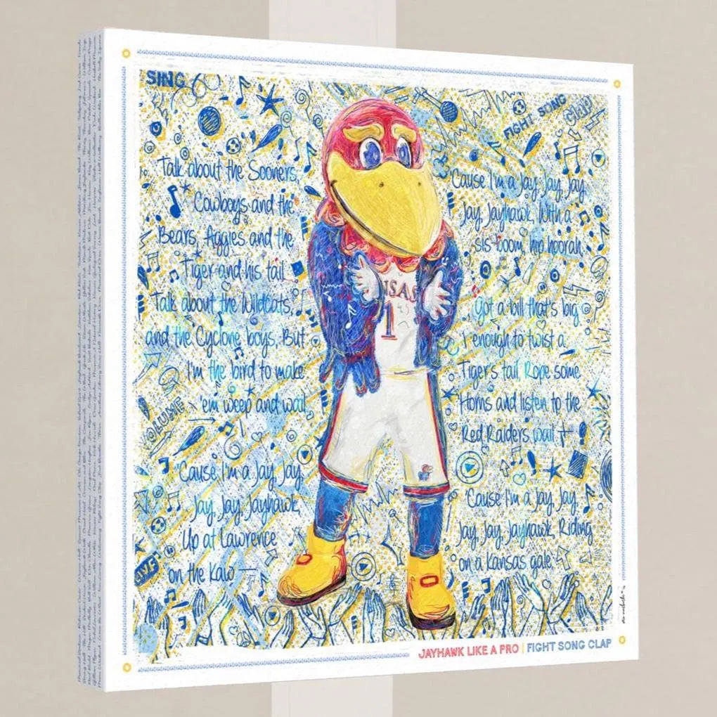 The image is a colorful and vibrant poster featuring a large bird mascot character, likely representing a sports team or mascot. The background is filled with various texts and symbols, creating a lively and dynamic visual composition.