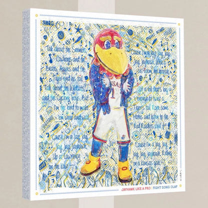The image is a colorful and vibrant poster featuring a large bird mascot character, likely representing a sports team or mascot. The background is filled with various texts and symbols, creating a lively and dynamic visual composition.
