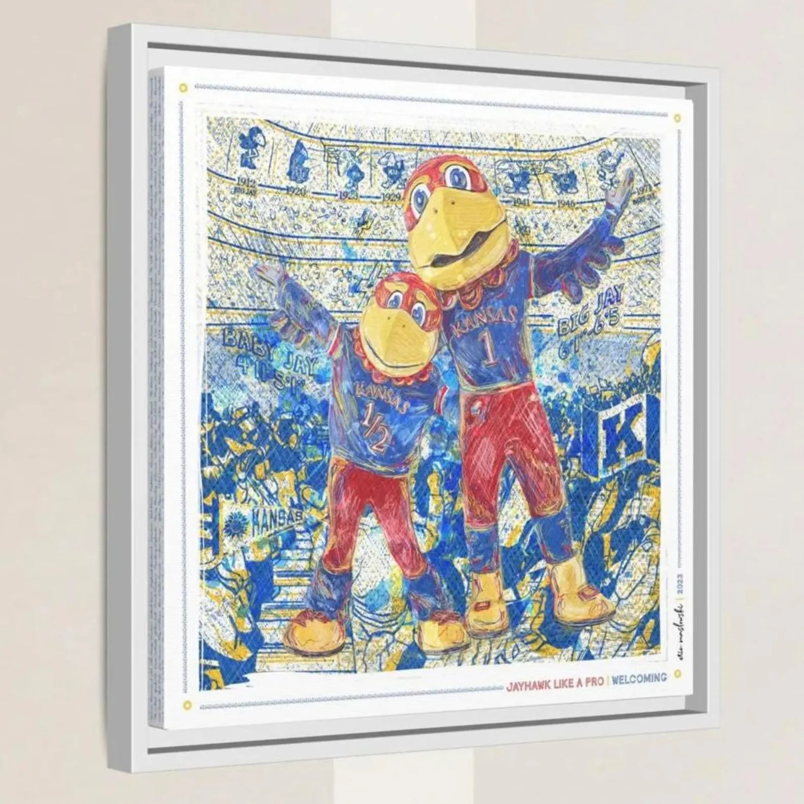 The image is a framed artwork depicting two cartoon birds, likely representing Kansas City Royals, in a stadium setting. The birds are wearing uniforms and appear to be interacting with each other.