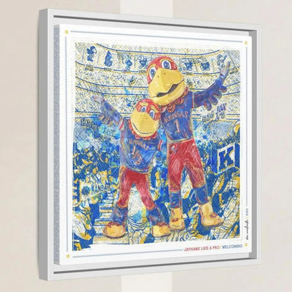 The image is a framed artwork depicting two cartoon birds, likely representing Kansas City Royals, in a stadium setting. The birds are wearing uniforms and appear to be interacting with each other.