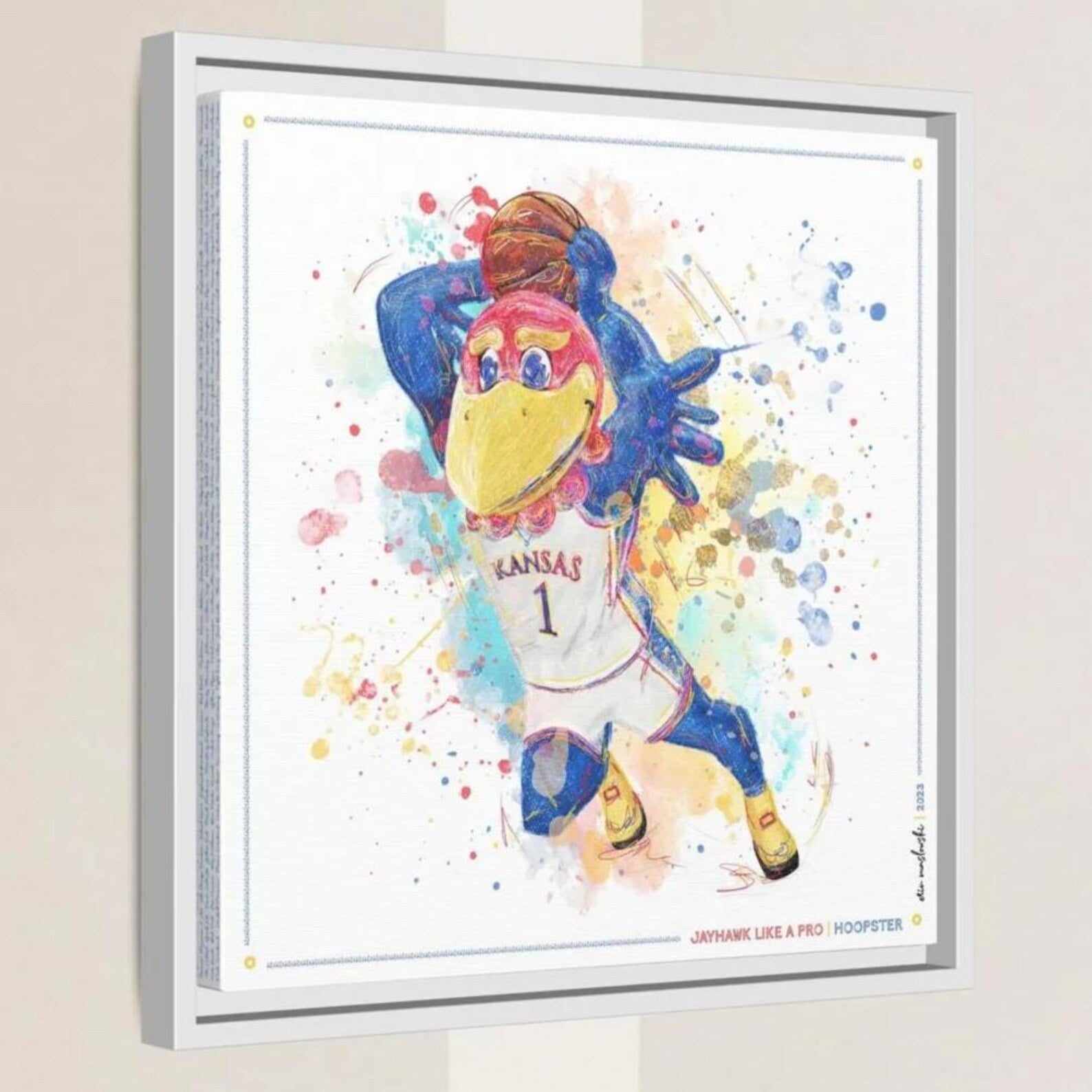 A colorful and dynamic illustration of a basketball player wearing a Kansas jersey, with a bird-like appearance and dynamic pose.