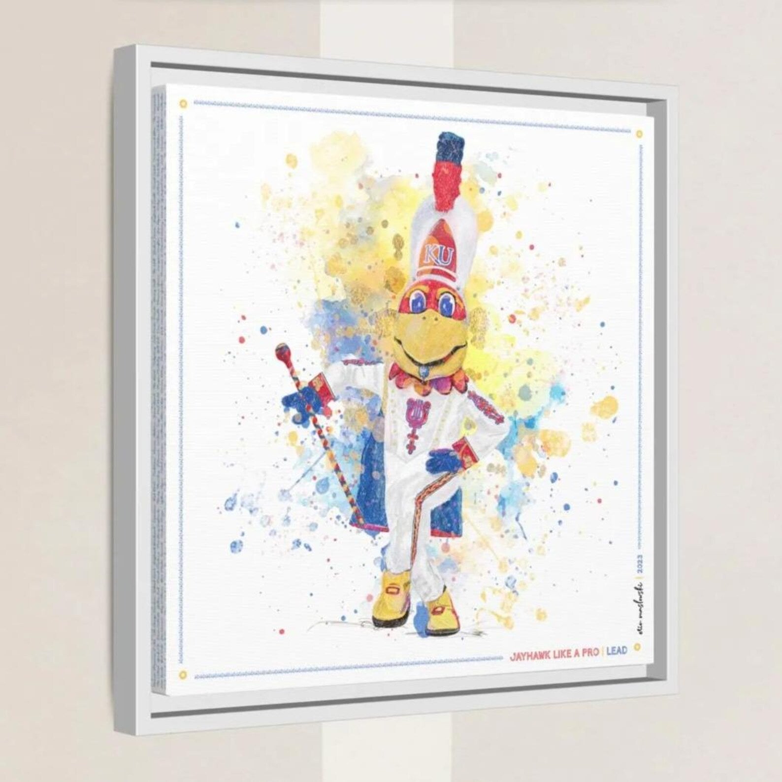 A colorful and whimsical painting of a character resembling a bird or mascot, with splashes of yellow, blue, and red paint.