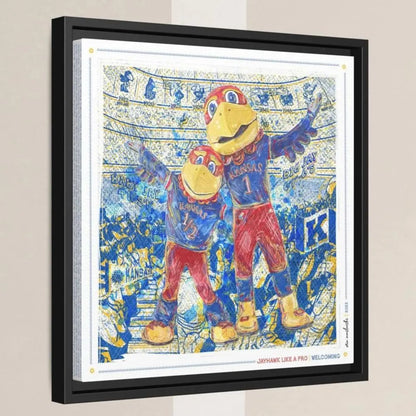 The image is a framed artwork depicting two large, colorful birds, likely representing Kansas City Royals, in a stadium setting.