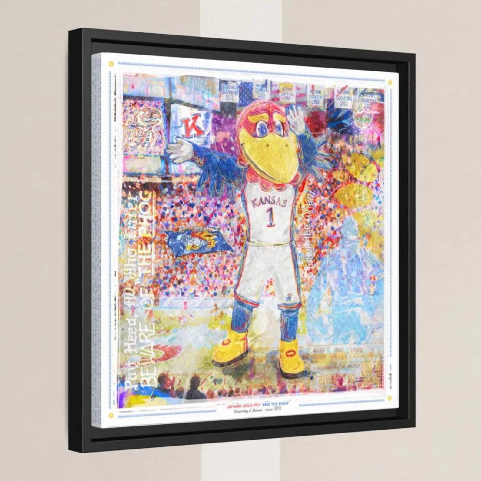 The image is a framed artwork depicting a colorful, abstract representation of a mascot or character, possibly associated with a sports team or event.