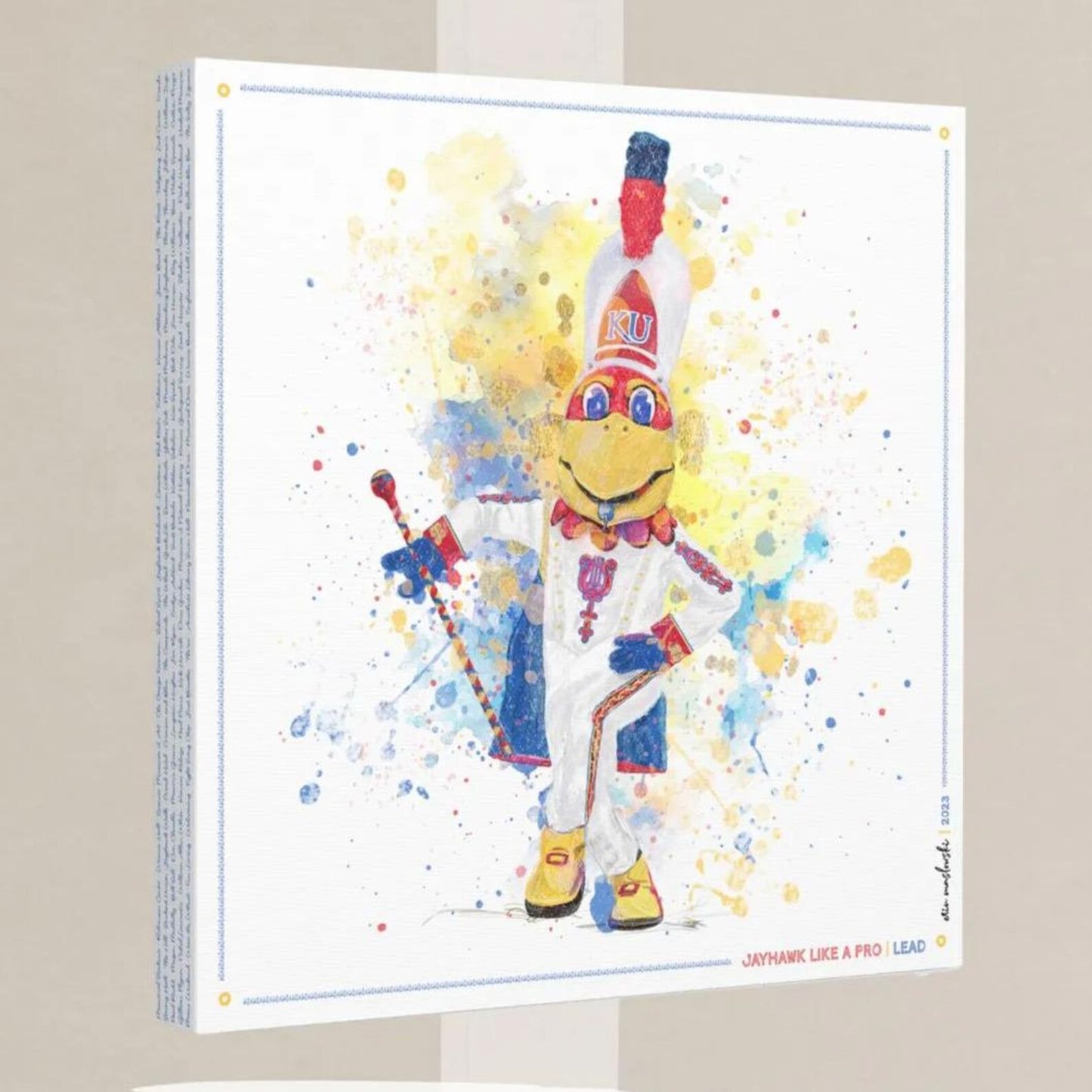 A colorful and whimsical illustration of a character resembling a bird or mascot, with a large hat and a sword, surrounded by splashes of color.