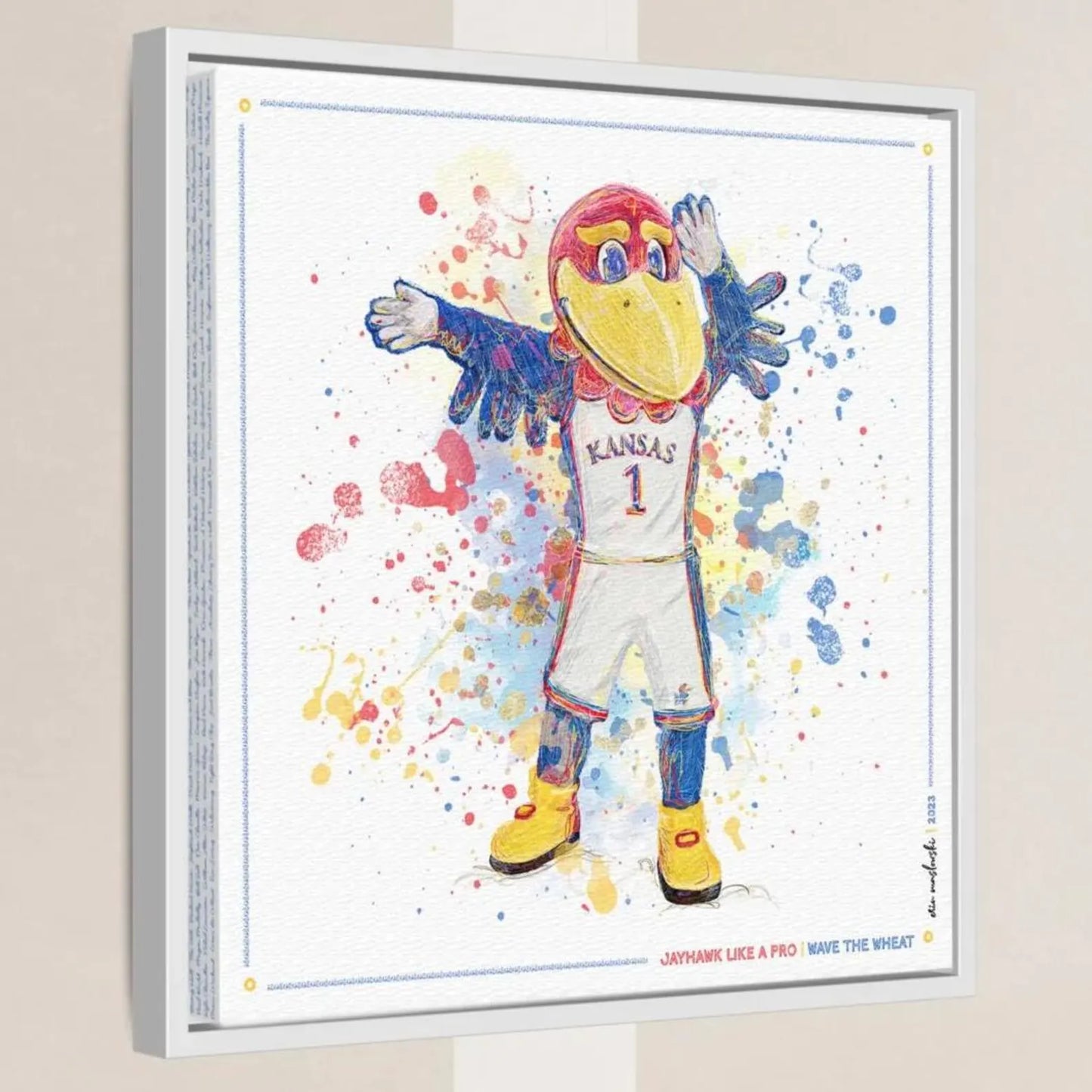 A colorful illustration of a bird mascot wearing a Kansas University basketball uniform, with the text "JAYHAWK LIKE A PRO, WAVE THE WHEAT" below the image.