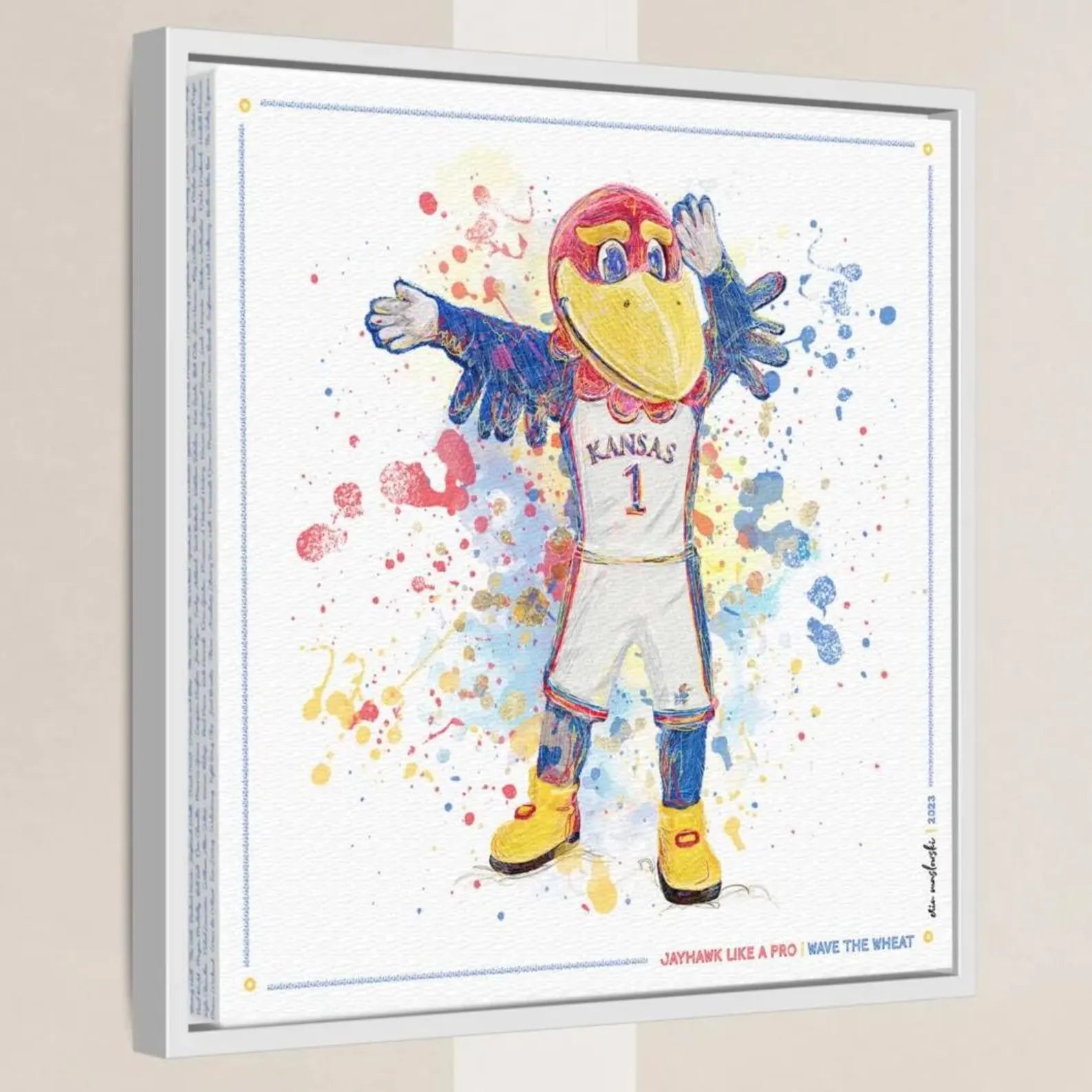 A colorful illustration of a bird mascot wearing a Kansas University basketball uniform, with the text "JAYHAWK LIKE A PRO, WAVE THE WHEAT" below the image.
