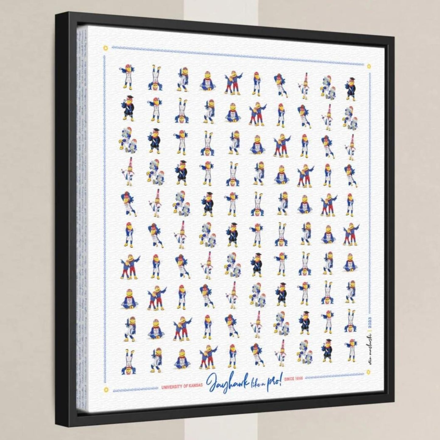 The image is a framed collage of various cartoon-style illustrations of people in different poses and outfits, arranged in a grid pattern.