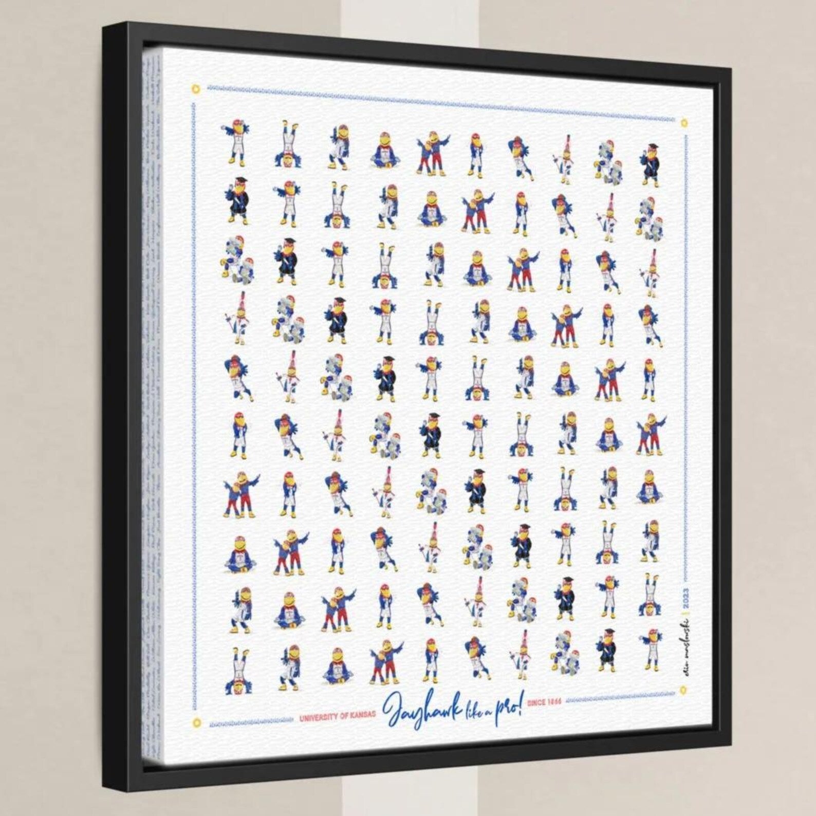 The image is a framed collage of various cartoon-style illustrations of people in different poses and outfits, arranged in a grid pattern.