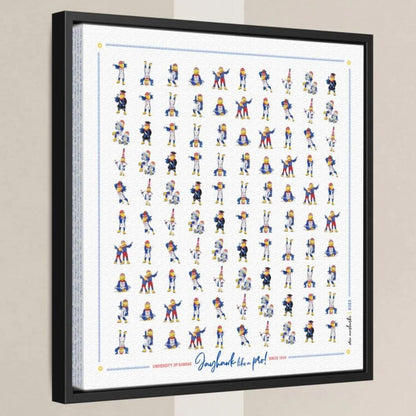 The image is a framed collage of various cartoon-style illustrations of people in different poses and outfits, arranged in a grid pattern.
