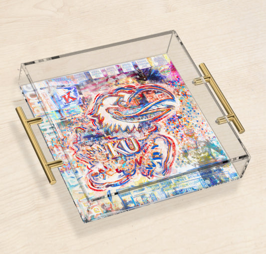 Kansas Jayhawk Acrylic Tray | Brushed Gold Handles | Double-Sided Art Print