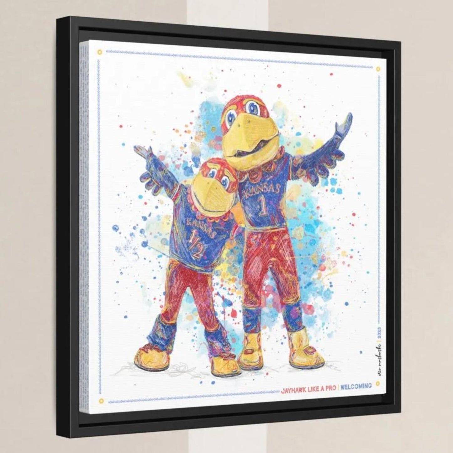 two colorful bird mascots, likely representing a sports team, standing together and smiling.
