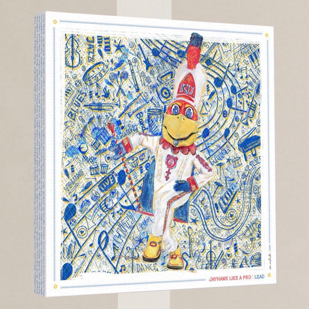 The image is a colorful and whimsical collage featuring a character resembling a bird or mascot, surrounded by various musical instruments, symbols, and abstract designs in shades of blue, red, and yellow.