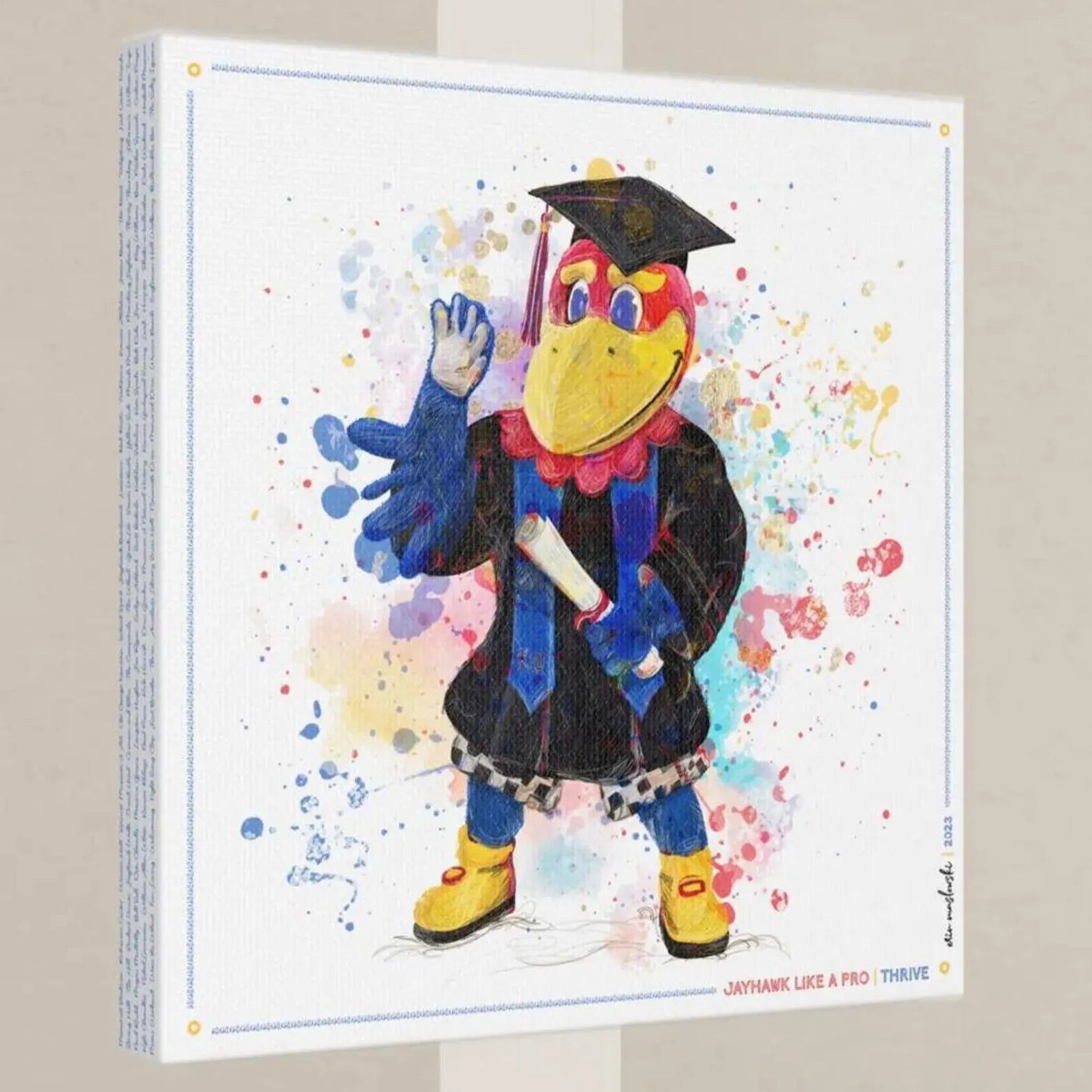 A colorful illustration of a bird character wearing a graduation cap and gown, with a cheerful expression and waving.